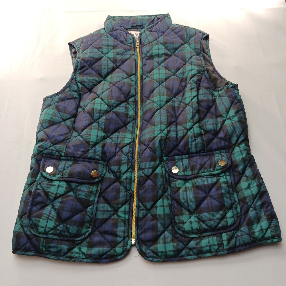 St Johns Bay Womens Quilted Vest Green Blue Black Watch Plaid Full Zip Large